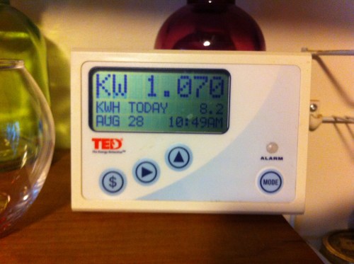 This whole-home energy monitor has a countertop display that shows the home's power consumption at the moment. It also shows how much electricity has been used over the course of the day. Cost information and a little orange light that glows when we've exceeded our target are pretty useless.